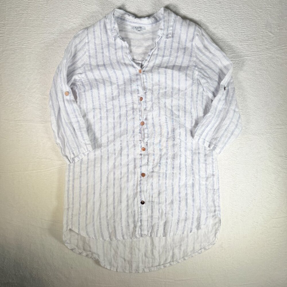 Rosemarine 100% Linen White Striped Made In Italy Button Tunic Shirt Small Cover